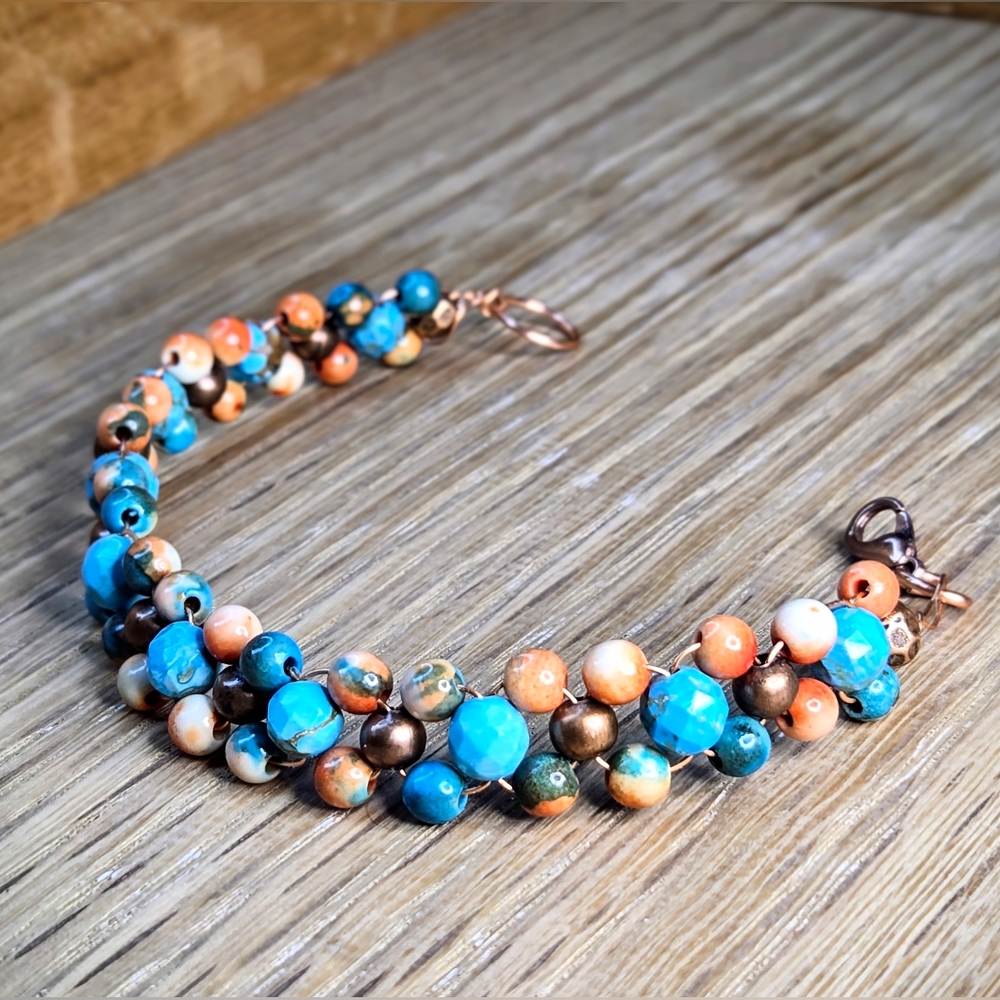 Flame Kissed Blue & Stabilized Turquoise W/ Orange Handwoven Copper Bracelet ​